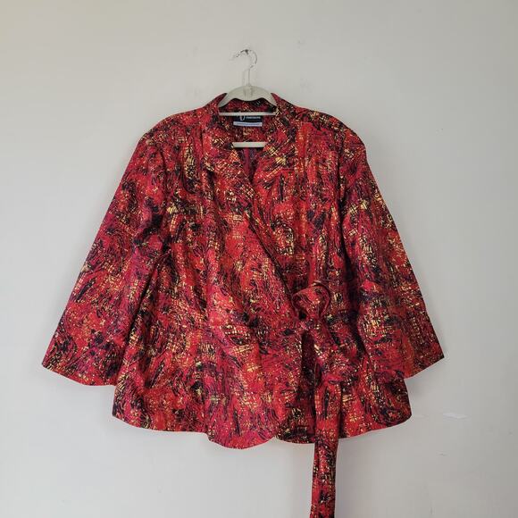 Catherines Added Dimensions Womens Size 2X Wrap Front Jacket Red Orange Abstract - Picture 1 of 10